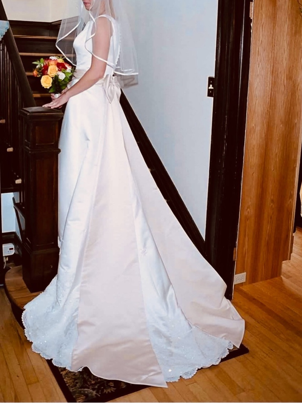Jasmine designer wedding dress in ivory satin with champagne bow - size 10